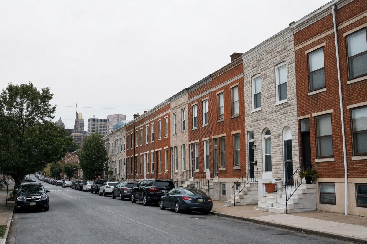 A block of Baltimore brick and formstone rowhouses with white marble stoops on an overcast day.